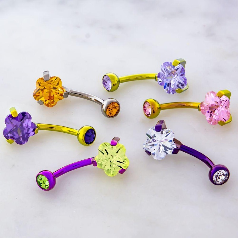 Titanium Internally Threaded Belly Ring Prong Set Flower Gem 14G (1.6mm) Length: 3/8″ (10mm) Gem: AMETHYST