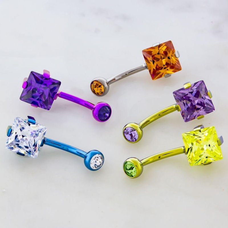 Titanium Internally Threaded Belly Ring Prong Set Square Gem 14G (1.6mm) Length: 3/8″ (10mm) Gem: AMETHYST