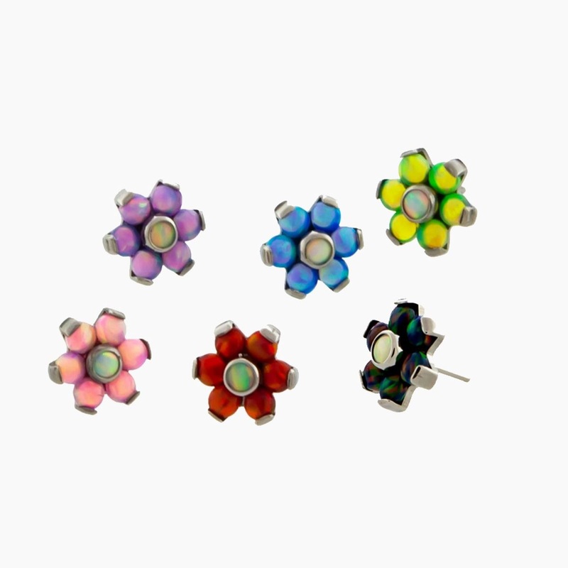 Titanium Threadless Opal Flower Replacement Head w/ White Opal Center – 1 Piece . Head Size: 4mm Gem: BLACK/WHITE OPAL