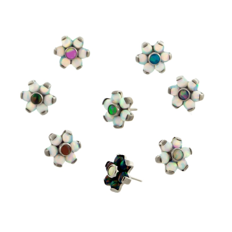 Titanium Threadless White Opal Flower Replacement Head – 1 Piece . Head Size: 4mm Gem: WHITE OPAL
