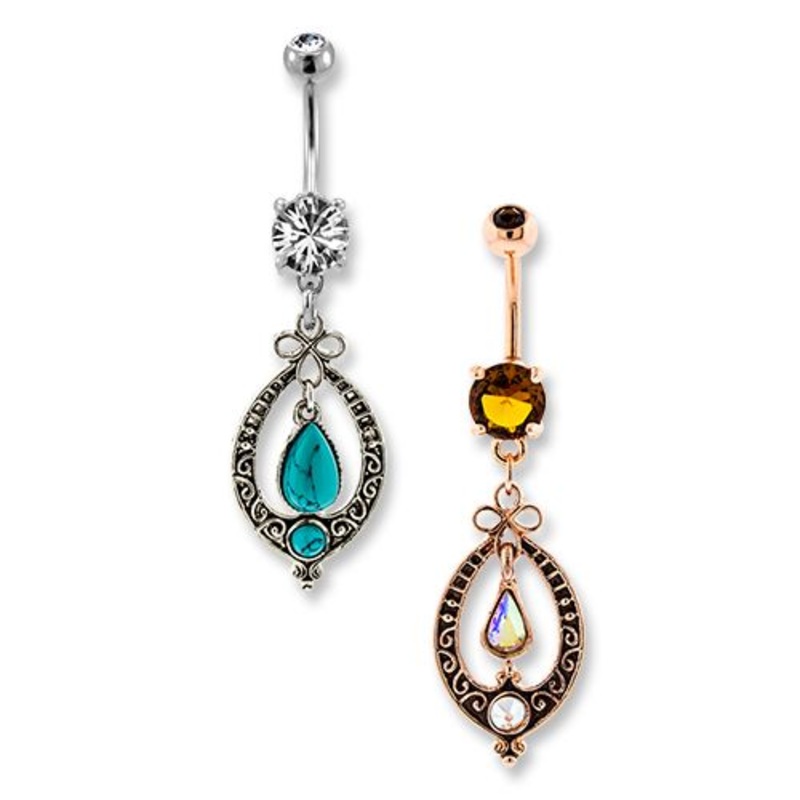 Tribal Dangle Belly Ring 14G (1.6mm) Length: 3/8″ (10mm) | Ball-Size: 5mmX8mm Gem: CHOCOLATE