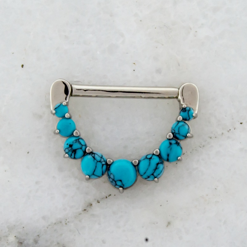 Turquoise Howlite Nipple Clicker Stirrup – 1 Piece 14G (1.6mm) Length: 9/16″ (14mm) Gem: TURQUOISE DYED HOWLITE