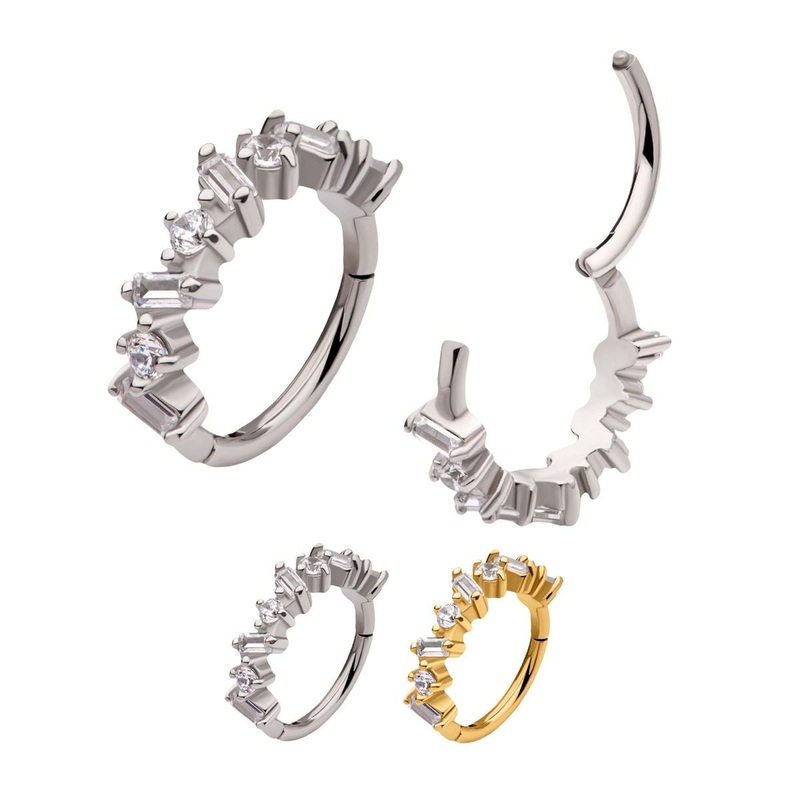 Alternating Baguette Round Prong Set Clear CZ Clustered Side Facing Hinged Segment Clicker – 1 Piece 18G (1mm) Length/Inner Diameter: 3/8″ (10mm) Gold / Clear