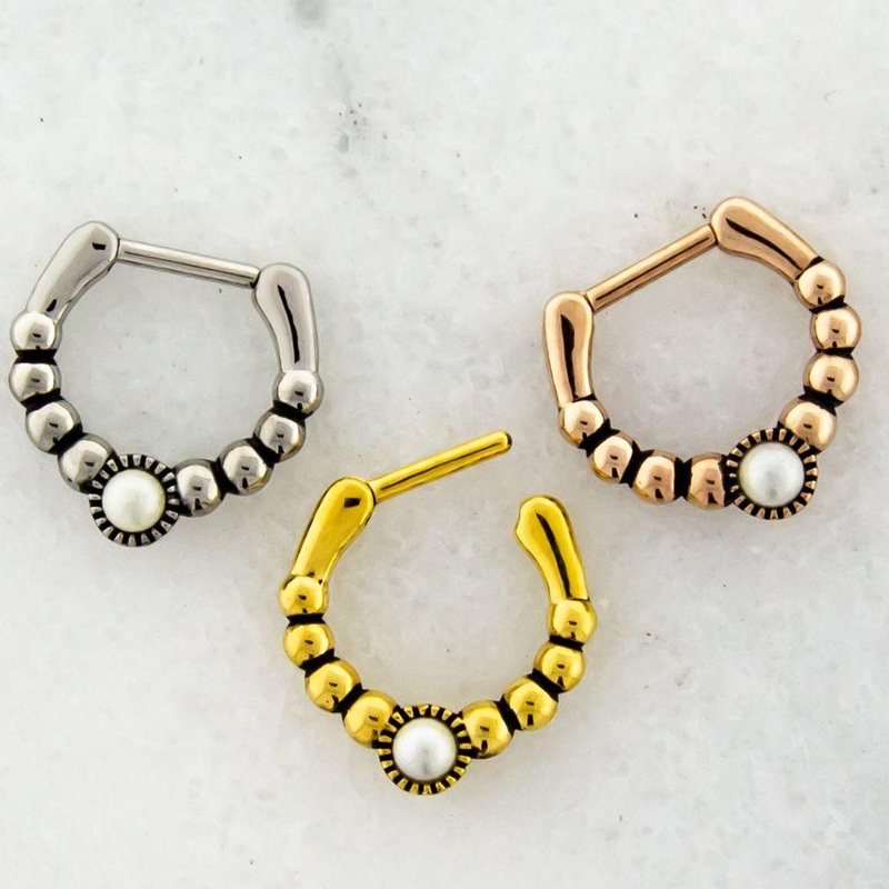 Beaded Pearl Septum Clicker – 1 Piece 16G (1.2mm) Inner Diameter: 5/16″ (8mm) Jewelry: GOLD PVD