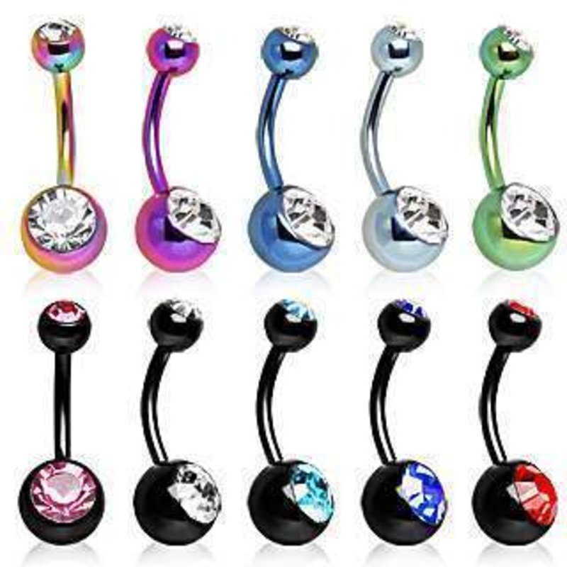 Belly Ring Gemmed Balls 14G (1.6mm) Length: 3/8″ (10mm) | Ball-Size: 5x8mm Black/Aqua