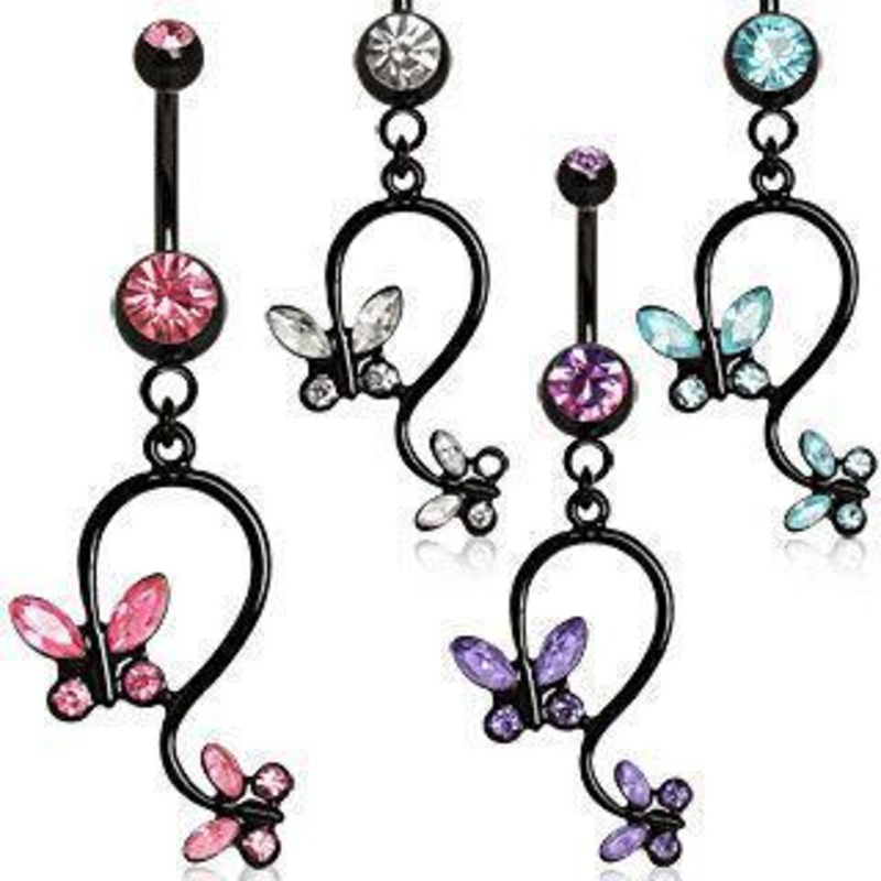 Black Dangle Belly Ring Pair of Butterflies 14G (1.6mm) Length: 3/8″ (10mm) Aqua