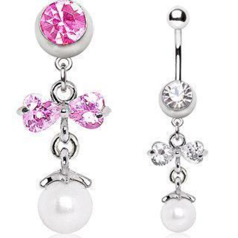 Bow Pearl Dangle Belly Ring 14G (1.6mm) Length: 3/8″ (10mm) Clear