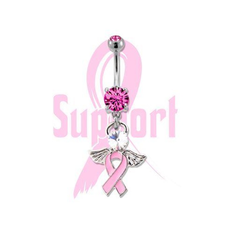 Breast Cancer Awareness Dangle Belly Ring Ribbon Angel Wings 14G (1.6mm) Length: 3/8″ (10mm) | Ball-Size: 5mmX8mm Gem: PINK | Jewelry: HIGH POLISH