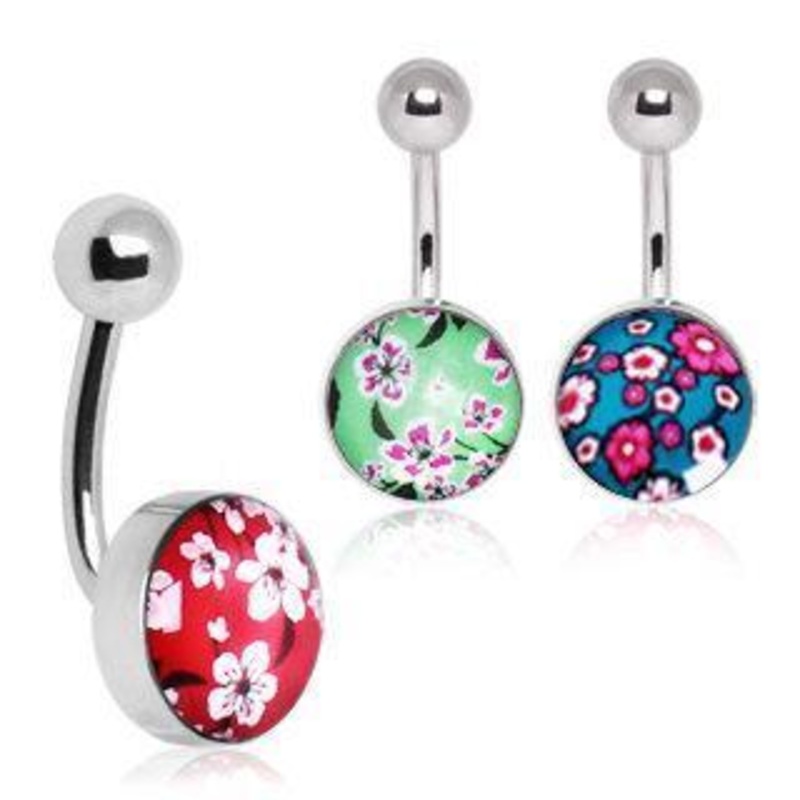 Cherry Blossom Belly Ring 14G (1.6mm) Length: 3/8″ (10mm) | Ball-Size: 10mm Aqua
