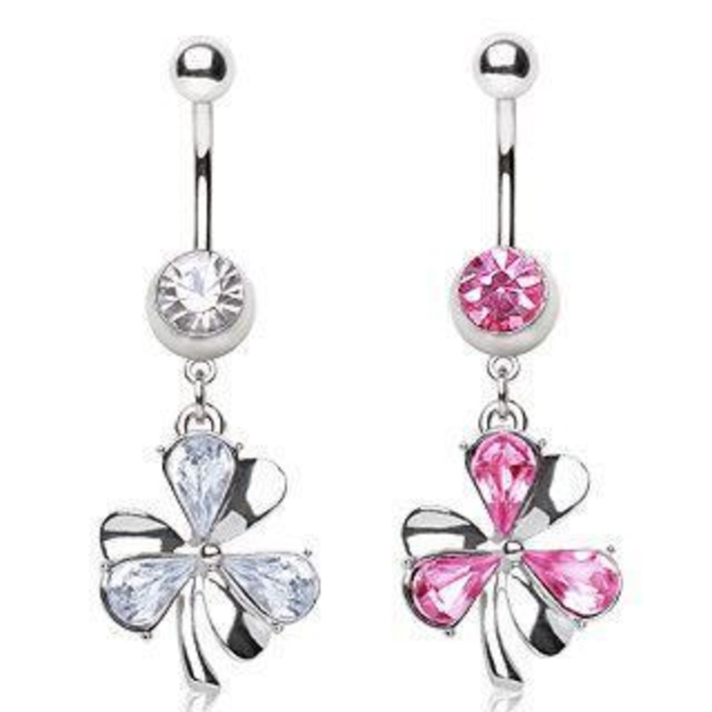 Dangle Belly Ring Clover Leaf Shaped Dangle 14G (1.6mm) Length: 3/8″ (10mm) Clear
