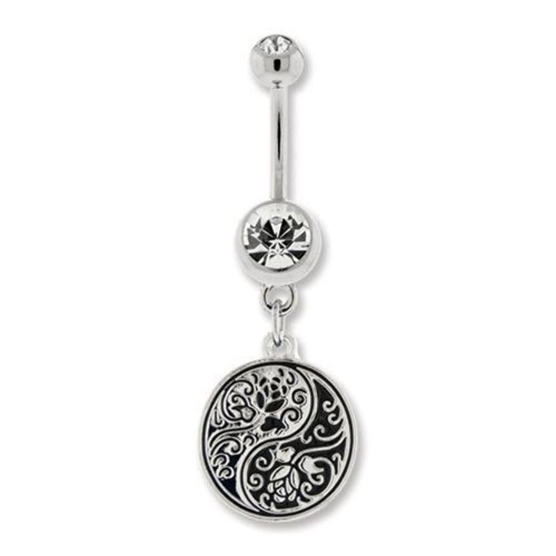 Floral Filigree Ying Yang Dangle Belly Ring 14G (1.6mm) Length: 3/8″ (10mm) | Ball-Size: 5mmX8mm CLEAR