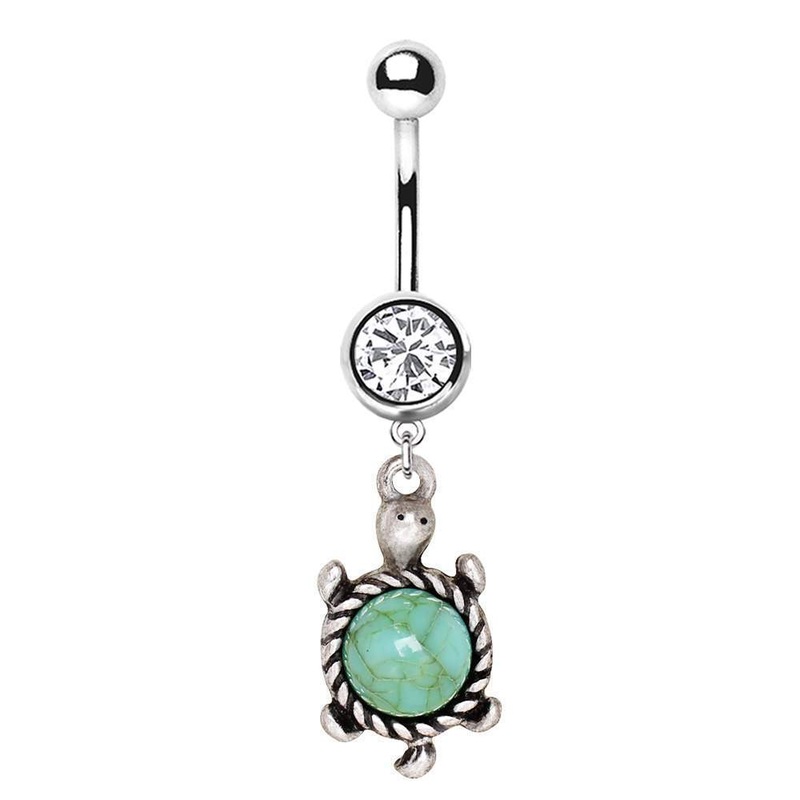 Jade Turtle Dangle Belly Ring 14G (1.6mm) Length: 3/8″ (10mm)