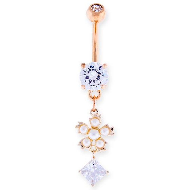 Pearl Flower Square CZ Dangle Belly Ring 14G (1.6mm) Length: 3/8″ (10mm) | Ball-Size: 5mmX8mm Gem: CLEAR | Jewelry: ROSE GOLD PVD