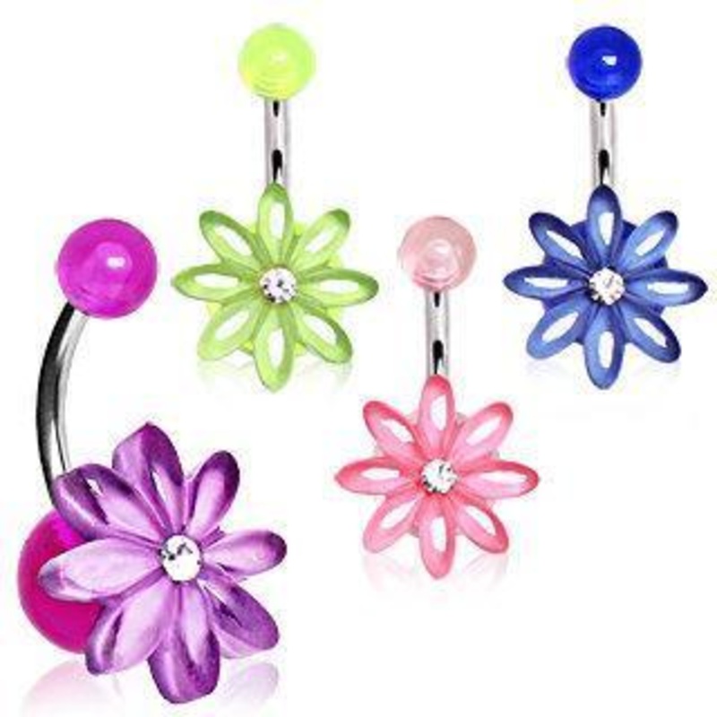 UV Acrylic Clear Gem Daisy Flower Belly Ring 14G (1.6mm) Length: 3/8″ (10mm) Blue