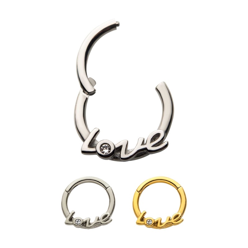 1 Bezel Set Clear CZ LOVE Hinged Segment Clicker – 1 Piece 16G (1.2mm) Length/Inner Diameter: 5/16″ (8mm) Gold / Clear