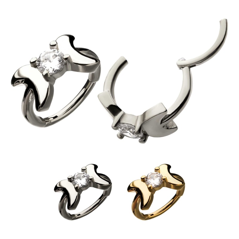 1 Prong Set Clear CZ Bow Hinged Segment Clicker – 1 Piece 16G (1.2mm) Length/Inner Diameter: 5/16″ (8mm) Gold / Clear