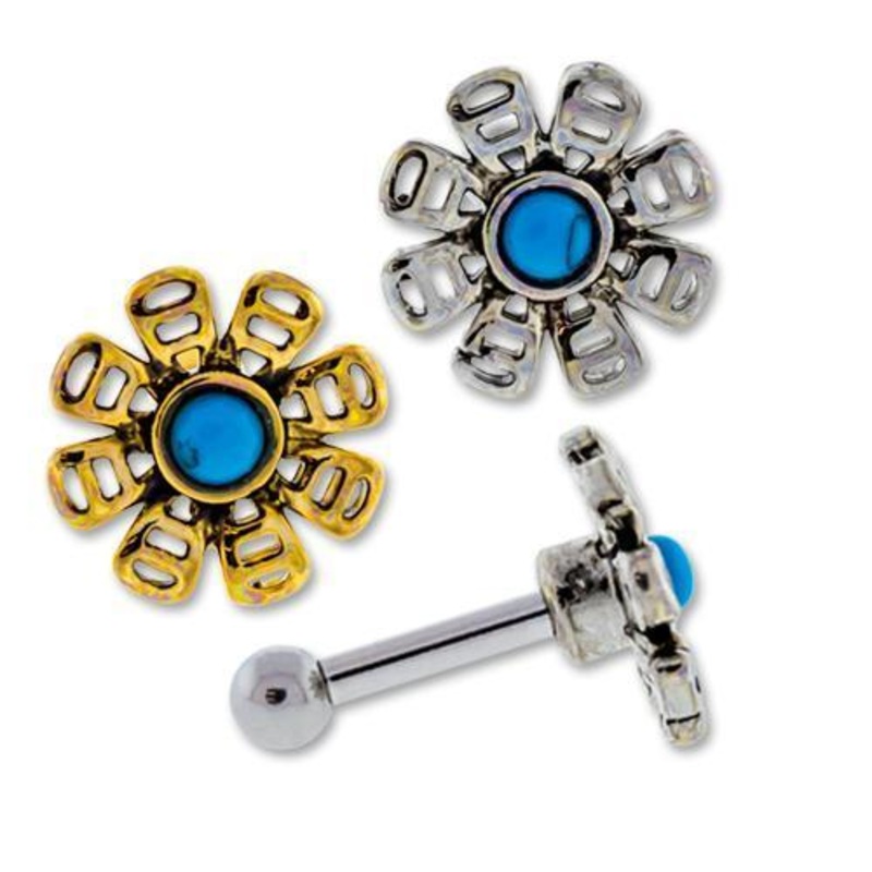 Flower Ear Cartilage Barbell Earring Turquoise Dyed Howlite Center – 1 Piece 16G (1.2mm) Length: 1/4″ (6mm) | Ball-Size: 2.5mm GOLD