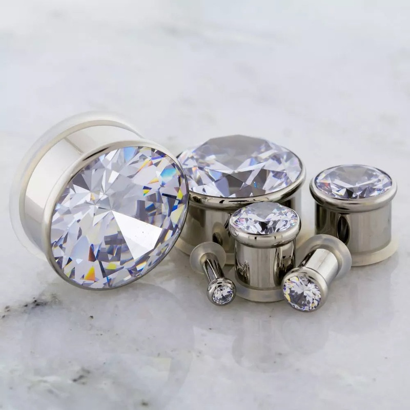 Pressed Set Single Flare Plug Clear Gem Big Bling – 1 Piece #SPLT#2 00G (10mm) Length: 5/16″ (8mm) CLEAR