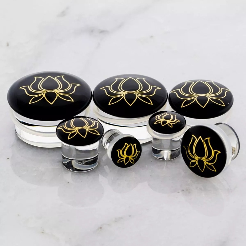 Single Flare Plug Color Front W/ Gold Lotus Decal – 1 Piece  #SPLT#2 00G (10mm) Length: 5/16″ (8mm)