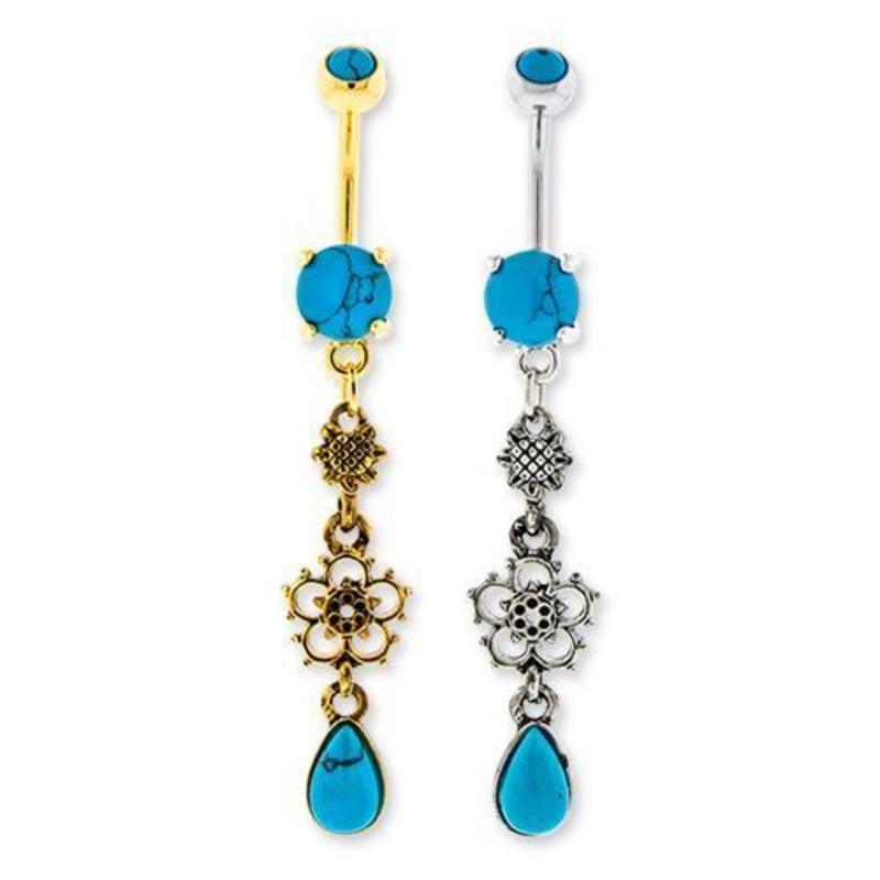 Antique Flower Dangle Belly Ring Turquoise Cabochon Teardrop Turquoise 14G (1.6mm) Length: 3/8″ (10mm) | Ball-Size: 5mmX8mm GOLD