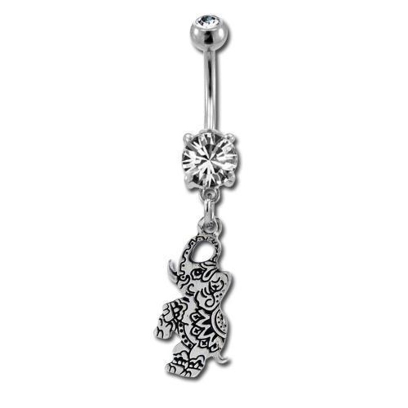 Bindi Style Eastern Elephant Dangle Belly Ring 14G (1.6mm) Length: 3/8″ (10mm) | Ball-Size: 5mmX8mm CLEAR