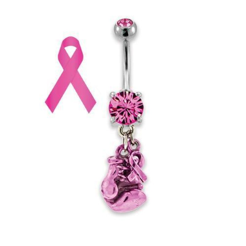 Breast Cancer Dangle Belly Ring Boxing Glove 14G (1.6mm) Length: 3/8″ (10mm) PINK
