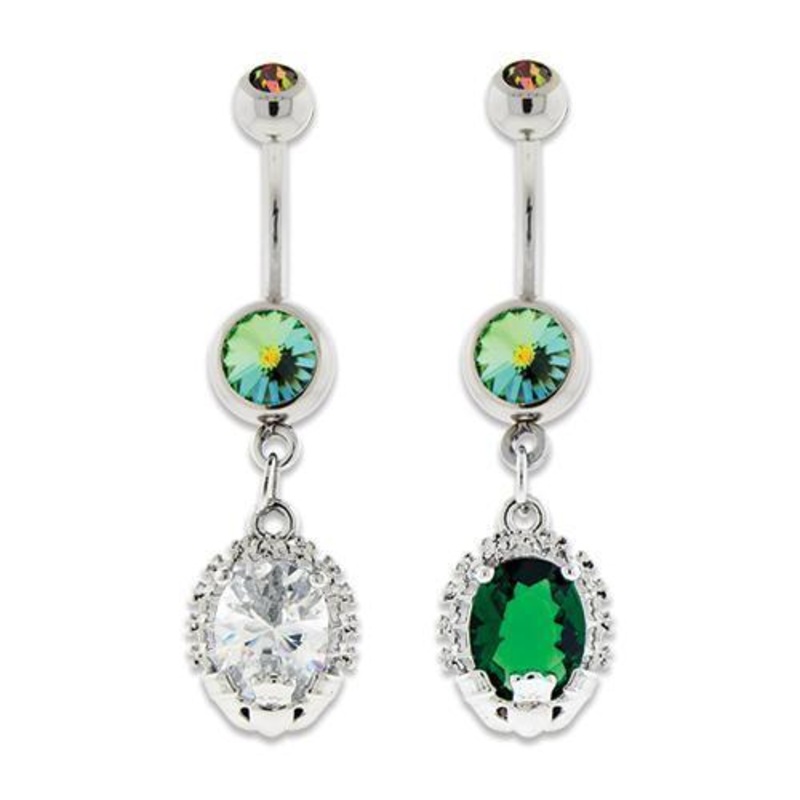 Claddah Dangle Belly Ring Double Gem Dangle 14G (1.6mm) Length: 3/8″ (10mm) | Ball-Size: 5mmX8mm CLEAR