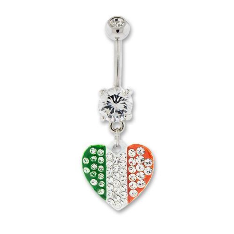 Dangle Belly Ring Irish Flag Gemmed Heart Charm 14G (1.6mm) Length: 3/8″ (10mm) | Ball-Size: 5mmX8mm CLEAR