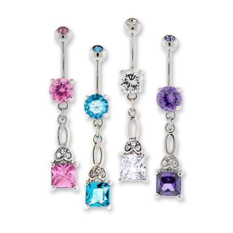 Fancy Gem Dangle Belly Ring Abstract Swirl Square Gem 14G (1.6mm) Length: 3/8″ (10mm) | Ball-Size: 5mmX8mm AQUA