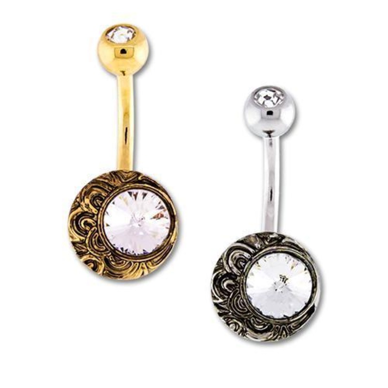 Moon Non-Dangle Belly Tribal Cresent Moon Clear Gem 14G (1.6mm) Length: 3/8″ (10mm) | Ball-Size: 5mmX8mm GOLD