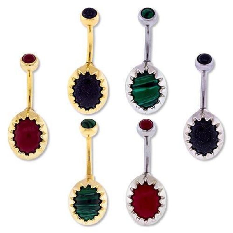 Oval Spiked Cameo Belly Ring 14G (1.6mm) Length: 3/8″ (10mm) | Ball-Size: 5mmX13mm GOLD/BLUE SANDSTONE