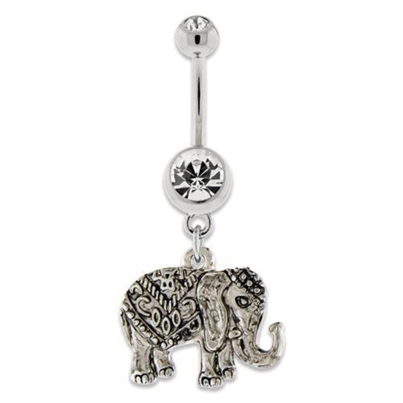 Paisley Elephant Dangle Belly Ring 14G (1.6mm) Length: 3/8″ (10mm) | Ball-Size: 5mmX8mm CLEAR