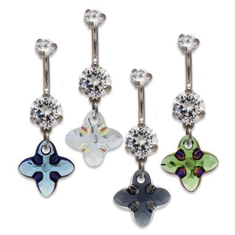 Titanium Dangle Belly Ring Internally Threaded Swarovski Cross Tribe Pendant Designed By Jean Paul Gaultier For Swarovski 14G (1.6mm) Length: 3/8″ (10mm) | Ball-Size: 5mmX8mm AQUAMARINE METALLIC BLUE