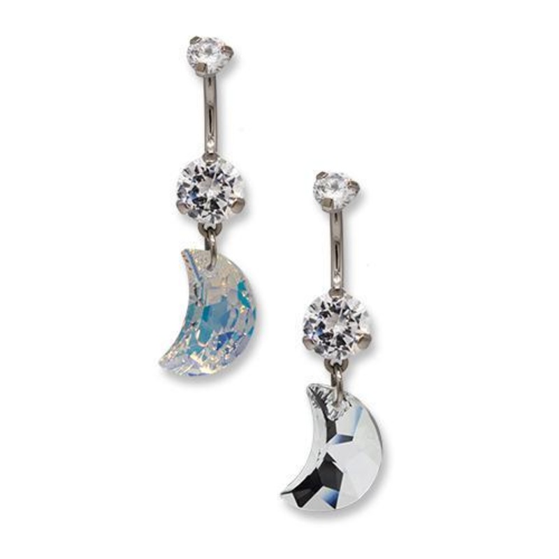 Titanium Dangle Belly Ring Swarovski Crescent Dangle Internally Threaded 14G (1.6mm) Length: 3/8″ (10mm) | Ball-Size: 5mmX8mm AB