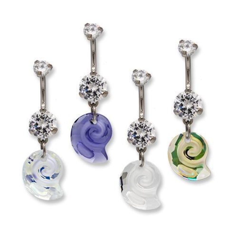 Titanium Swarovski Dangle Belly Ring Sea Snail Pendent Internally Threaded 14G (1.6mm) Length: 3/8″ (10mm) | Ball-Size: 5mmX8mm AB