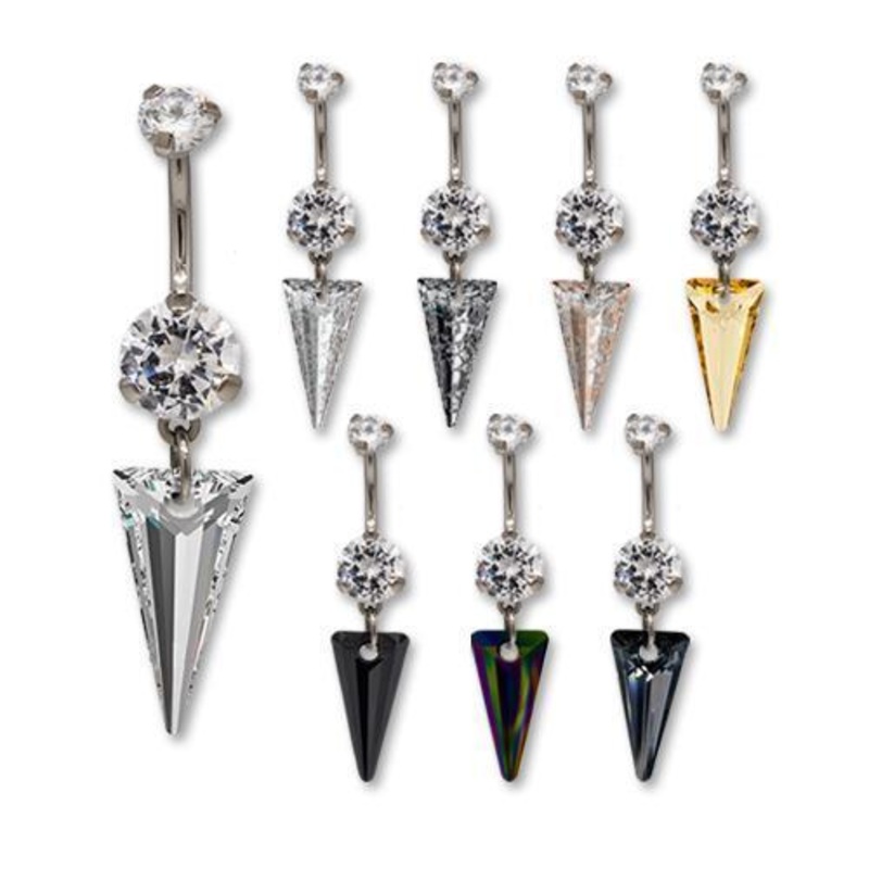 Titanium Swarovski Dangle Belly Ring Spike Pendent Internally Threaded 14G (1.6mm) Length: 3/8″ (10mm) | Ball-Size: 5mmX8mm CRYSTAL