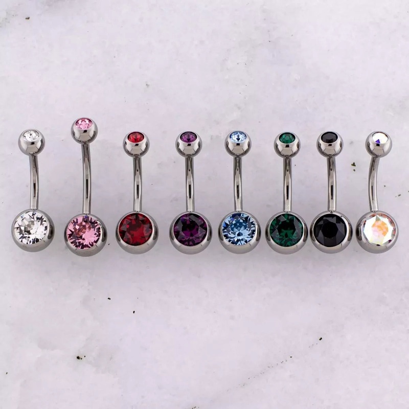Titanium SWAROVSKI Double Gem Bananas Belly Ring Belly Ring Internally Threaded 14G (1.6mm) Length: 1/2″ (12.7mm) | Ball-Size: 5mmX8mm AQUA