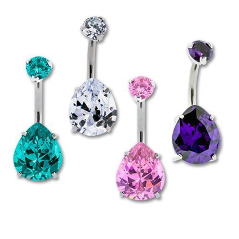 Titanium Teardrop Belly Ring Double Prong Gem Internally Threaded 14G (1.6mm) Length: 3/8″ (10mm) | Ball-Size: 5mmX8mm BLUE ZIRCON