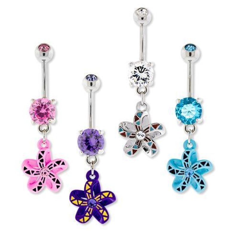 Tribal Flower Dangle Belly Ring Accents Dangle 14G (1.6mm) Length: 3/8″ (10mm) | Ball-Size: 5mmX8mm AQUA