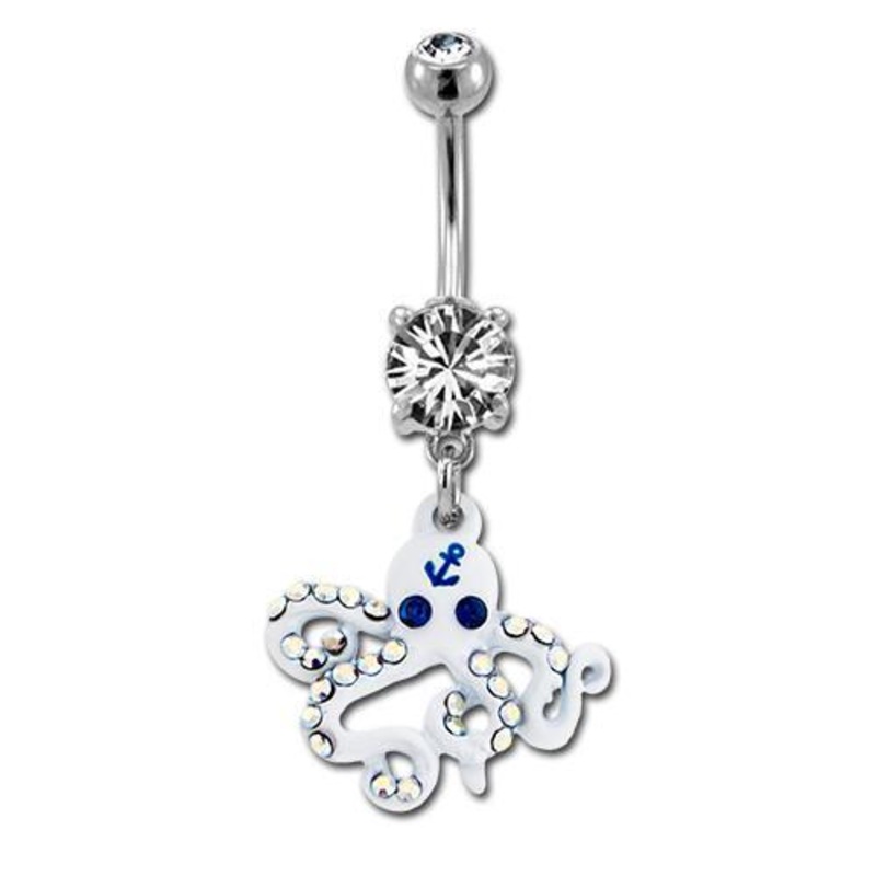 White Octopus Tentacles Dangle Belly Ring 14G (1.6mm) Length: 3/8″ (10mm) | Ball-Size: 5mmX8mm CLEAR