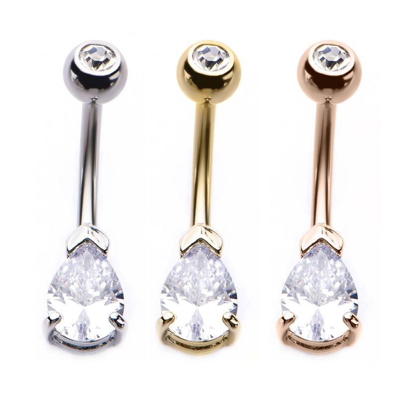 Tear Drop Clear CZ Fixed Belly Ring 14G (1.6mm) Length: 7/16″ (11.2mm) Gold