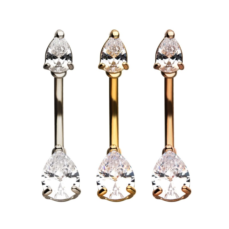 Tear Drop Prong Set Double Gem Belly Ring 14G (1.6mm) Length: 7/16″ (11.2mm) Gold