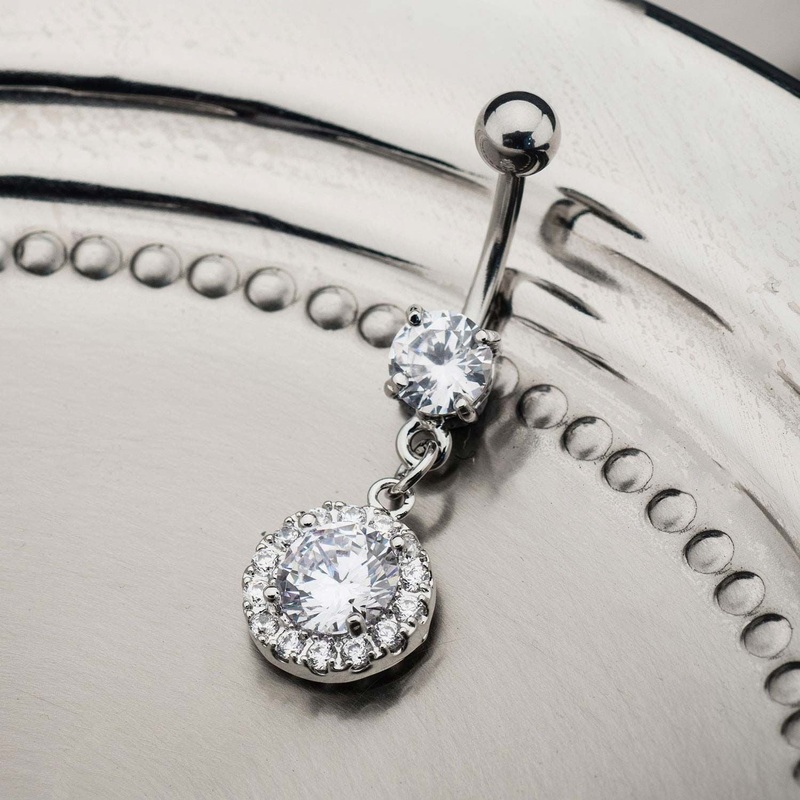 14g 3/8 Dangle Belly Ring Clear CZ Gem Circle Dangle Charm 14G (1.6mm) Length/Inner Diameter: 3/8″ (10mm)