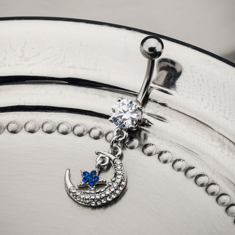 14g 3/8 Dangle Belly Ring Crescent Moon Star Dangle Charm Clear Blue CZ Gem 14G (1.6mm) Length/Inner Diameter: 3/8″ (10mm)