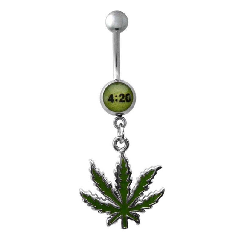 14g 716 Dangle Belly Ring 4:20 pot leaf dangle charm 14G (1.6mm) Length/Inner Diameter: 7/16″ (11mm)