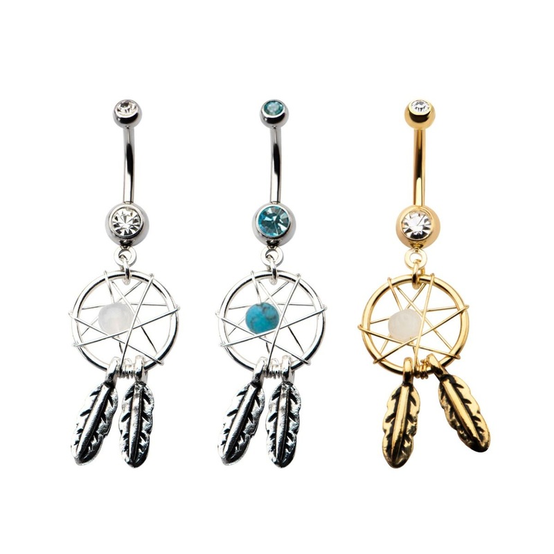14g Dangle Belly Ring dream catcher dangle charm 14G (1.6mm) Length/Inner Diameter: 3/8″ (10mm) Gold / Clear