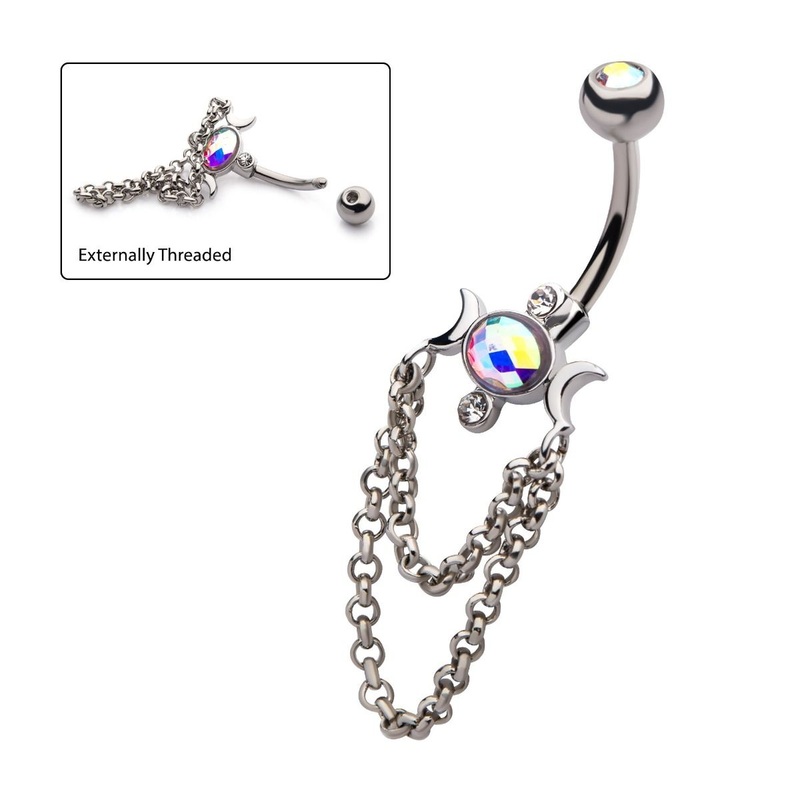 Aurora Borealis CZ Dangle Chains Crescent Moon Dangle Belly Ring 14G (1.6mm) Length/Inner Diameter: 7/16″ (11mm)