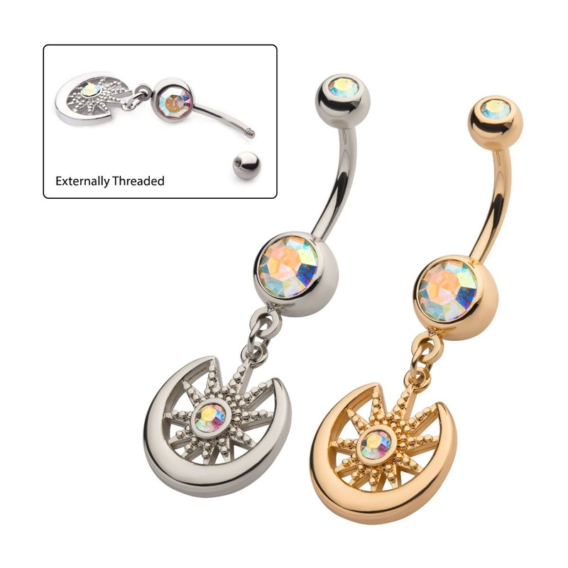Aurora Borealis CZ Moon Sunburst Dangle Belly Ring 14G (1.6mm) Length/Inner Diameter: 3/8″ (10mm) Gold / Aurora Borealis Crystal
