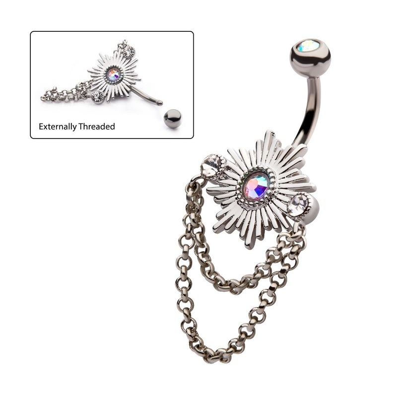 Aurora Borealis Dangle Chains Sunburst Dangle Belly Ring 14G (1.6mm) Length/Inner Diameter: 7/16″ (11mm)