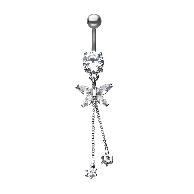 Butterfly CZ Gem double chain Dangle Belly Ring 14G (1.6mm) Length/Inner Diameter: 3/8″ (10mm)